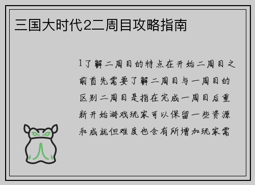 三国大时代2二周目攻略指南