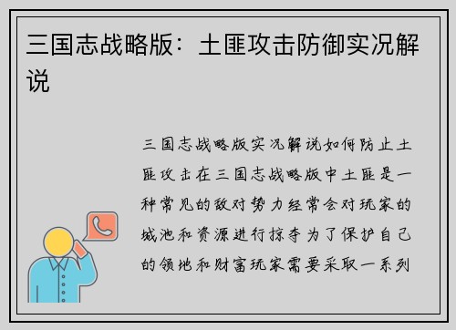 三国志战略版：土匪攻击防御实况解说